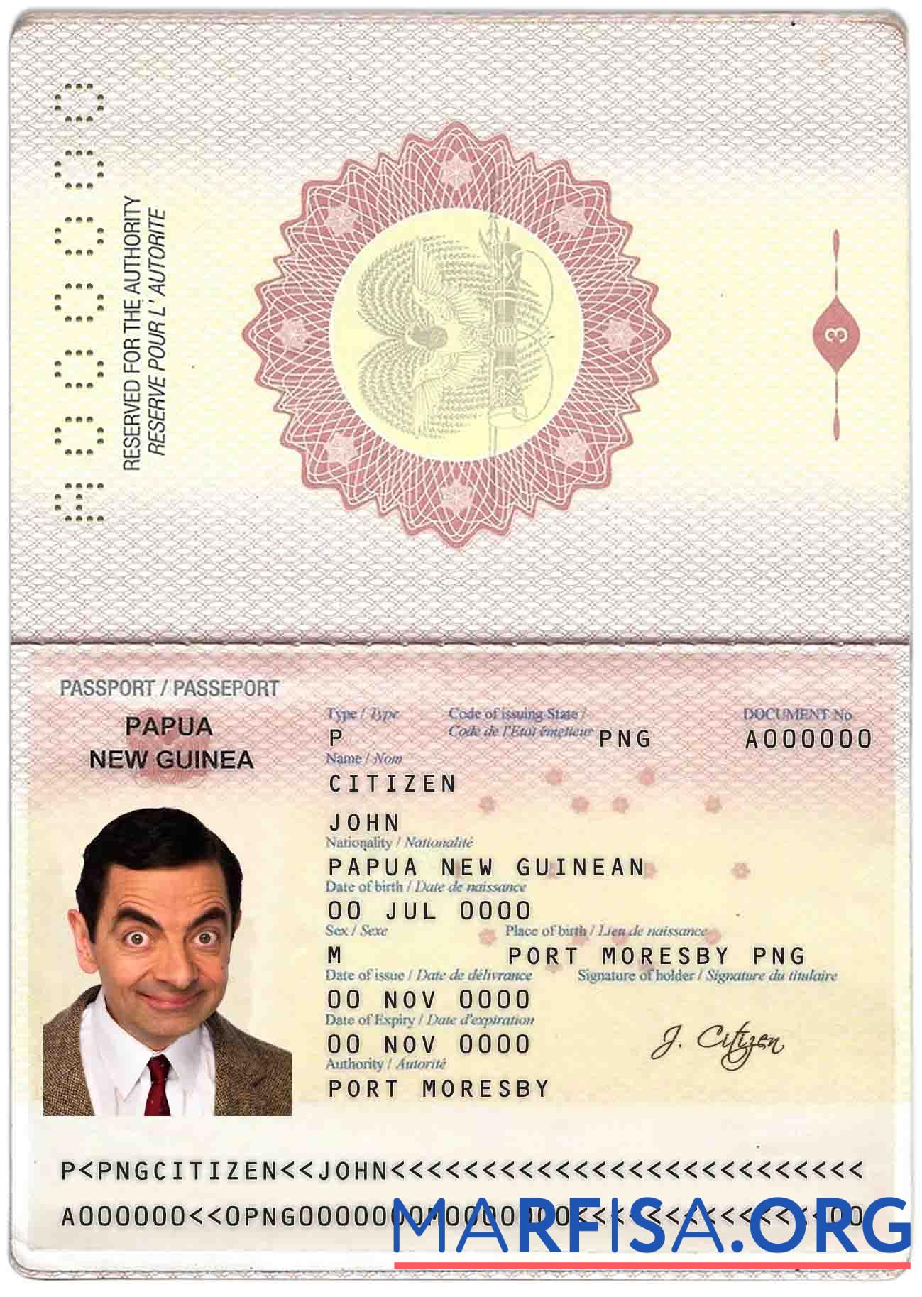 Realistic Papua New Guinea passport example